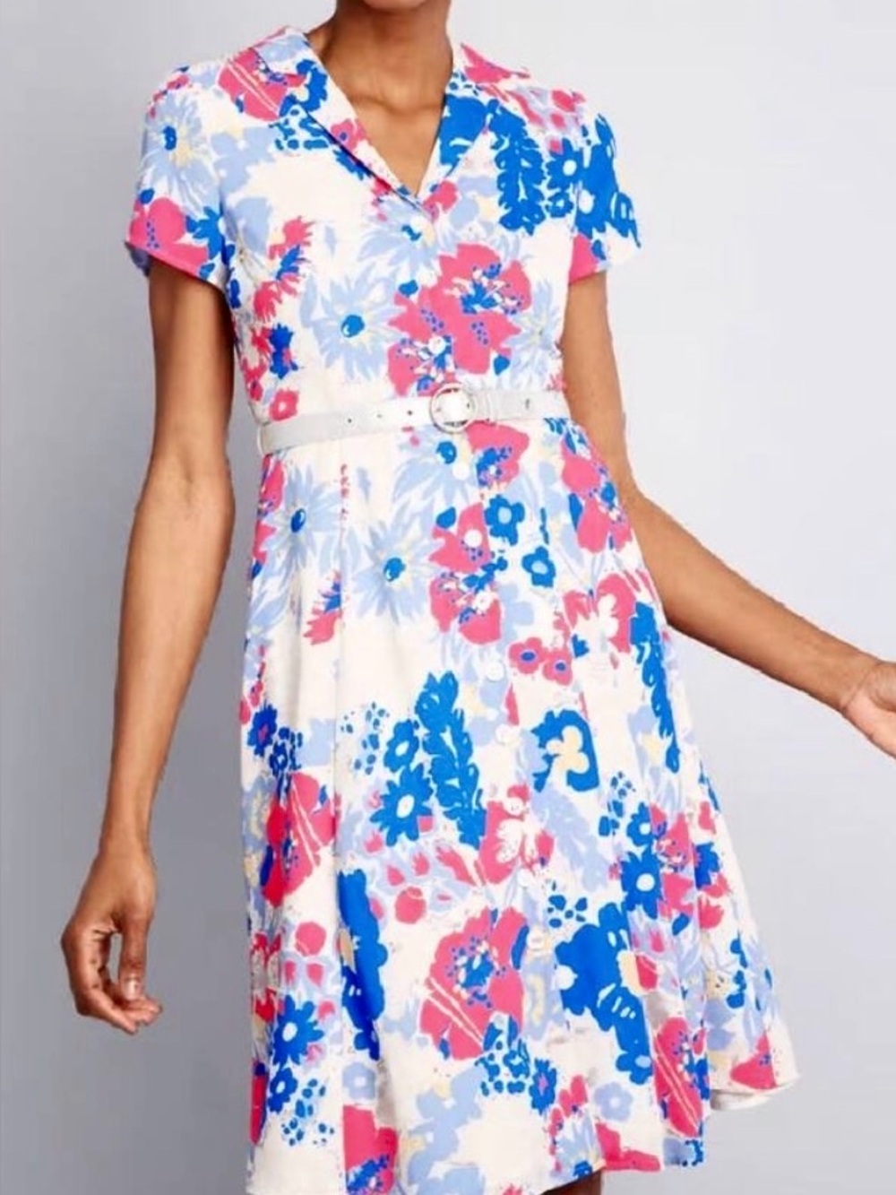 New ModCloth Exciting Find retro floral belt shirtdress white blue pink small